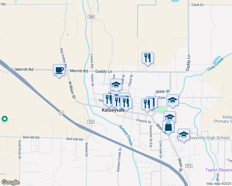 map of restaurants, bars, coffee shops, grocery stores, and more near 3980 Gard Street in Kelseyville