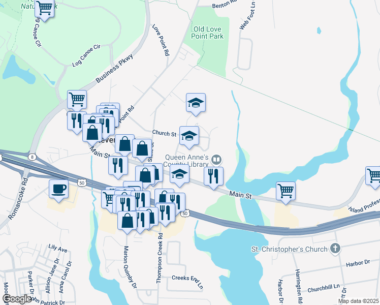 map of restaurants, bars, coffee shops, grocery stores, and more near 110 Elementary Way in Stevensville