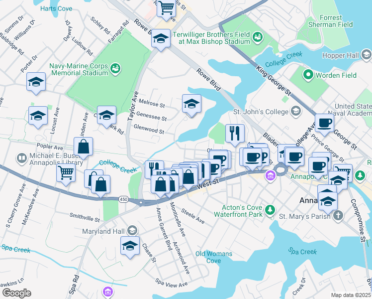 map of restaurants, bars, coffee shops, grocery stores, and more near 245 Clay Street in Annapolis
