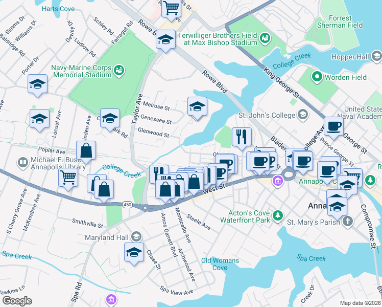 map of restaurants, bars, coffee shops, grocery stores, and more near 245 Clay Street in Annapolis