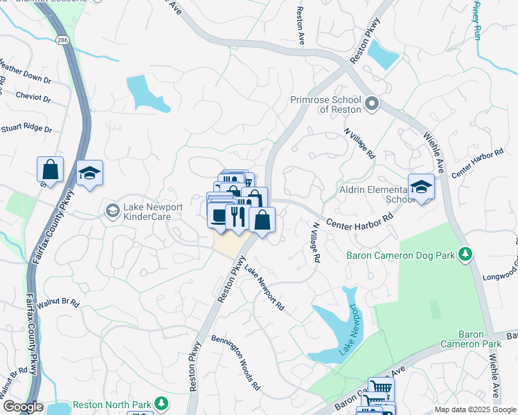 map of restaurants, bars, coffee shops, grocery stores, and more near 1498 North Point Village Center in Reston