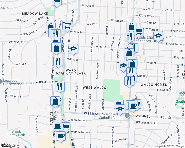 map of restaurants, bars, coffee shops, grocery stores, and more near 8124 Belleview Avenue in Kansas City