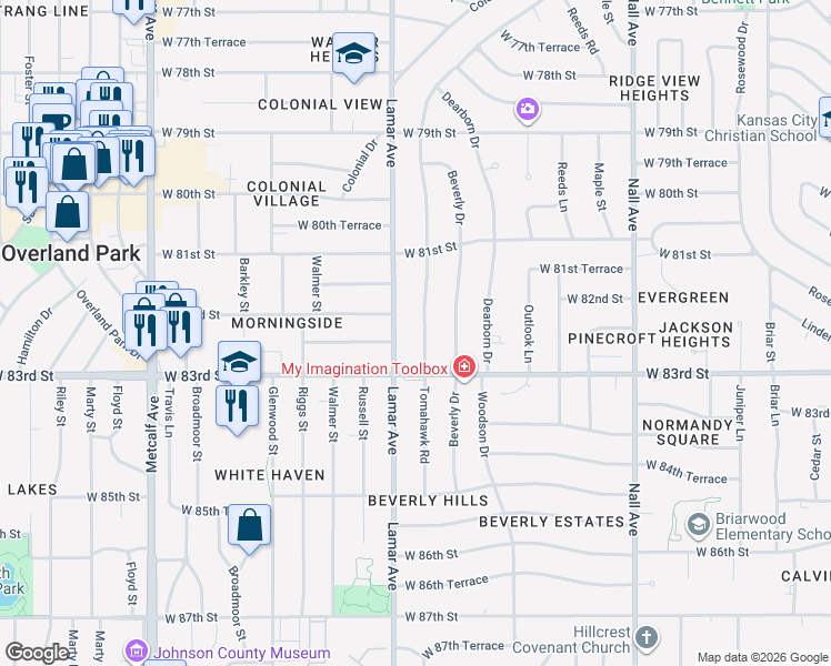 map of restaurants, bars, coffee shops, grocery stores, and more near 8128 Tomahawk Road in Prairie Village