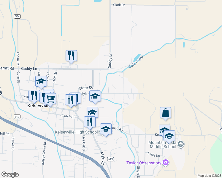 map of restaurants, bars, coffee shops, grocery stores, and more near 4544 Sylar Lane in Kelseyville