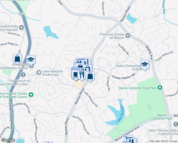 map of restaurants, bars, coffee shops, grocery stores, and more near 1498 North Point Village Center in Reston