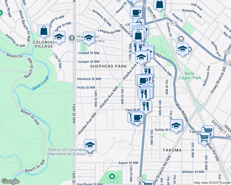map of restaurants, bars, coffee shops, grocery stores, and more near 7407 Alaska Avenue Northwest in Washington