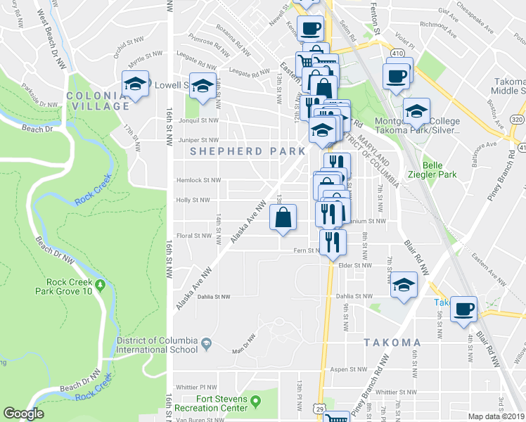 map of restaurants, bars, coffee shops, grocery stores, and more near 7407 Alaska Avenue Northwest in Washington