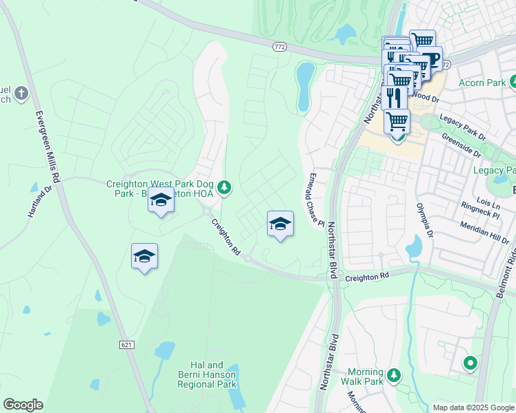 map of restaurants, bars, coffee shops, grocery stores, and more near 42119 Picasso Square in Brambleton