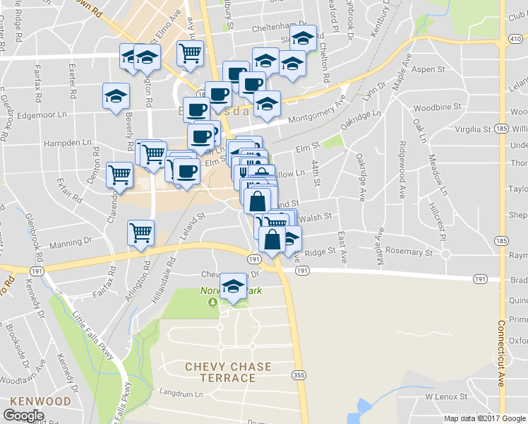 map of restaurants, bars, coffee shops, grocery stores, and more near 7027 Wisconsin Avenue in Chevy Chase