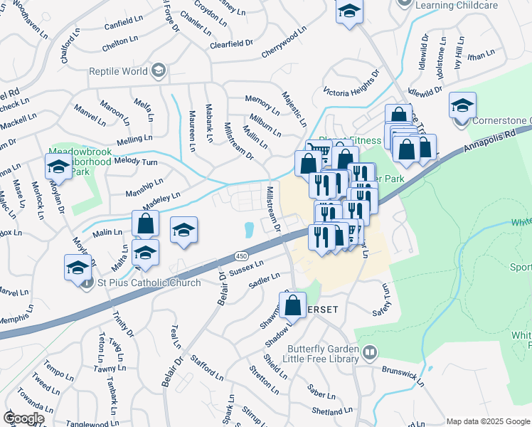 map of restaurants, bars, coffee shops, grocery stores, and more near 12702 Midwood Lane in Bowie