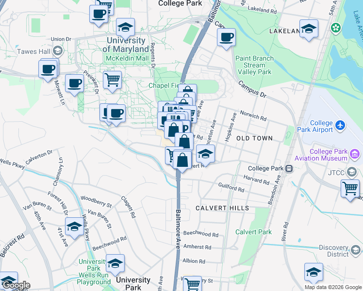 map of restaurants, bars, coffee shops, grocery stores, and more near 7313 Baltimore Avenue in College Park