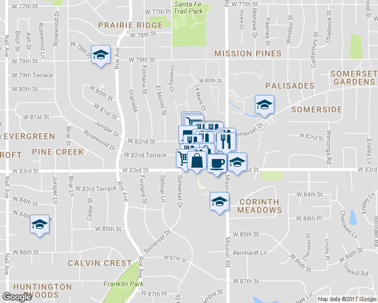 map of restaurants, bars, coffee shops, grocery stores, and more near 4050 West 83rd Street in Prairie Village