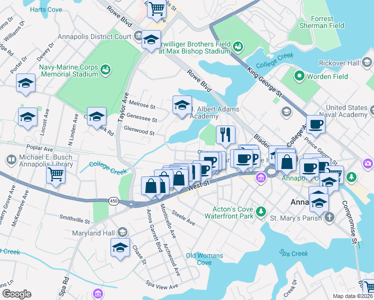map of restaurants, bars, coffee shops, grocery stores, and more near 199 Bertina A Nick Way in Annapolis