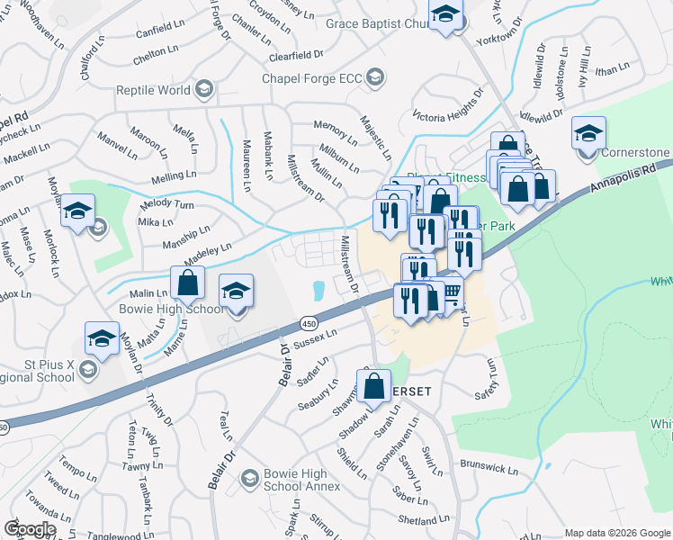 map of restaurants, bars, coffee shops, grocery stores, and more near 12708 Midwood Lane in Bowie
