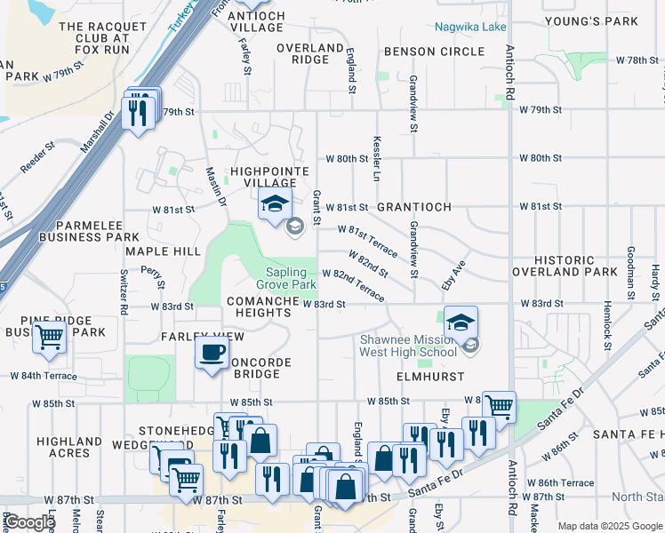 map of restaurants, bars, coffee shops, grocery stores, and more near 9404 West 82nd Street in Overland Park