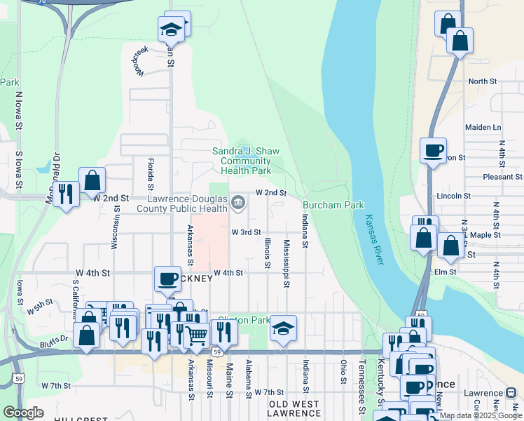 map of restaurants, bars, coffee shops, grocery stores, and more near 207 Illinois Street in Lawrence