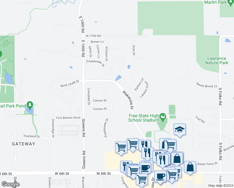 map of restaurants, bars, coffee shops, grocery stores, and more near 252 Earhart Circle in Lawrence