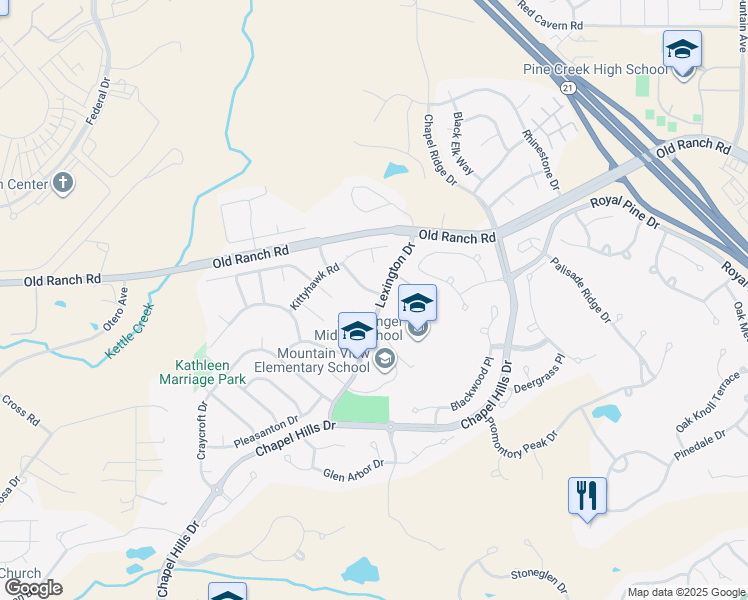 map of restaurants, bars, coffee shops, grocery stores, and more near 10125 Clear Creek Road in Colorado Springs