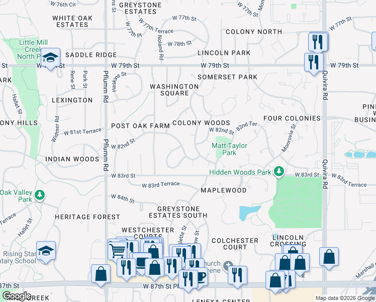 map of restaurants, bars, coffee shops, grocery stores, and more near 12812 West 82nd Street in Lenexa