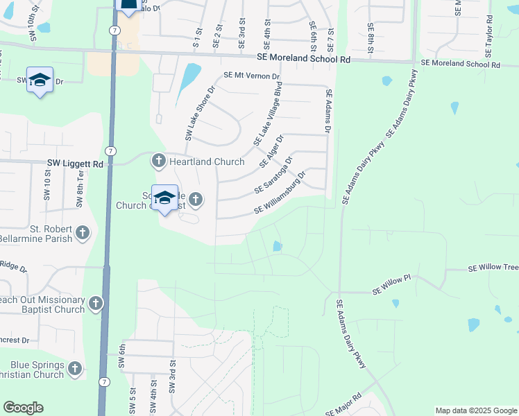 map of restaurants, bars, coffee shops, grocery stores, and more near 300 Southeast Saratoga Drive in Blue Springs