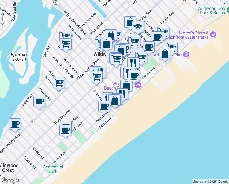 map of restaurants, bars, coffee shops, grocery stores, and more near 5100 Atlantic Avenue in Wildwood