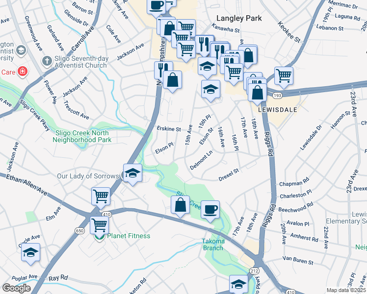 map of restaurants, bars, coffee shops, grocery stores, and more near 7224 15th Avenue in Takoma Park