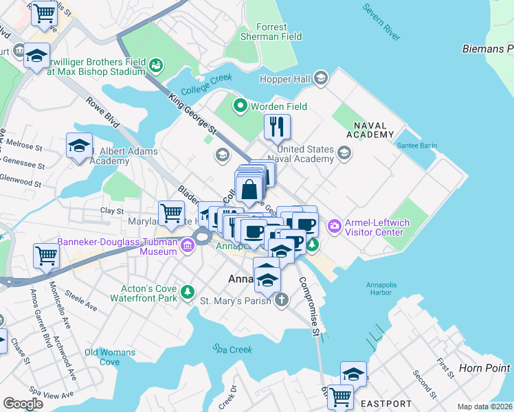 map of restaurants, bars, coffee shops, grocery stores, and more near 47 Maryland Avenue in Annapolis
