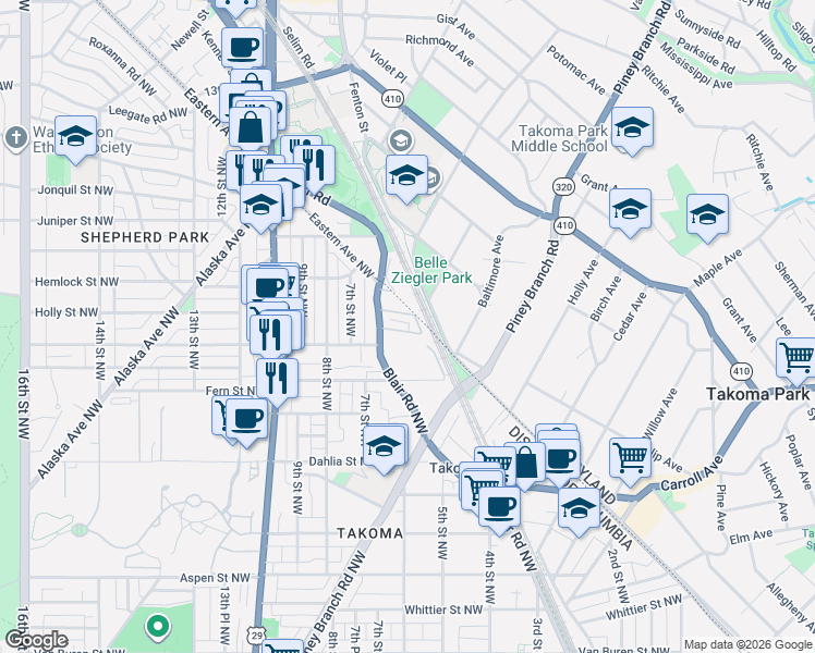 map of restaurants, bars, coffee shops, grocery stores, and more near 101 Independence Avenue Southeast in Washington