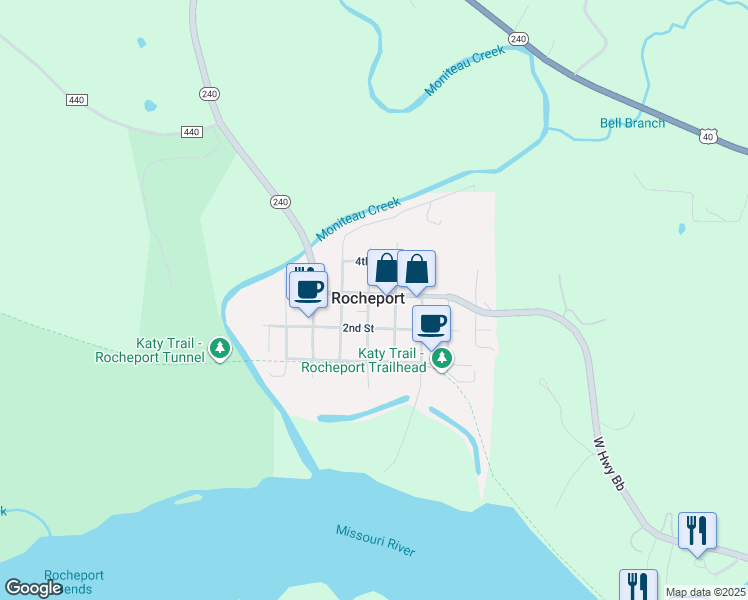 map of restaurants, bars, coffee shops, grocery stores, and more near 501 3rd Street in Rocheport