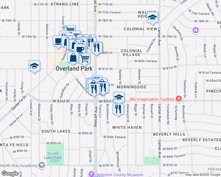 map of restaurants, bars, coffee shops, grocery stores, and more near 6820 West 82nd Street in Overland Park