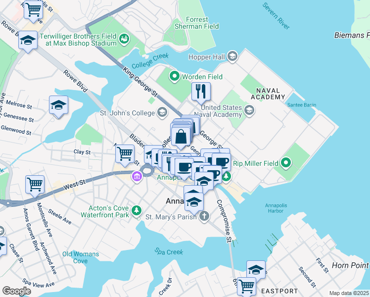 map of restaurants, bars, coffee shops, grocery stores, and more near 49 Maryland Avenue in Annapolis