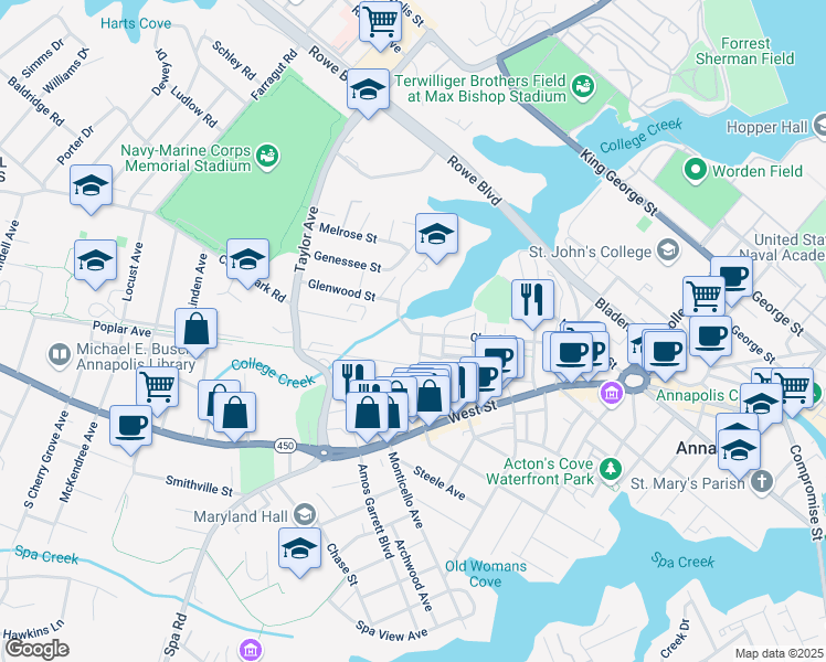 map of restaurants, bars, coffee shops, grocery stores, and more near 214 Clay Street in Annapolis