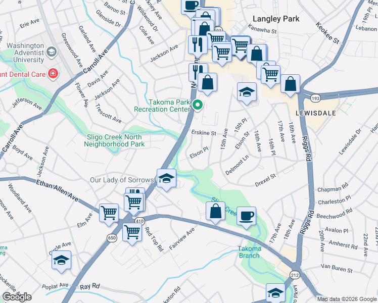 map of restaurants, bars, coffee shops, grocery stores, and more near 7203 13th Avenue in Takoma Park