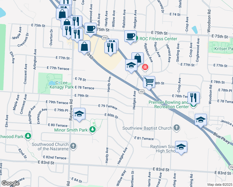 map of restaurants, bars, coffee shops, grocery stores, and more near 10411 East 78 Terrace in Raytown