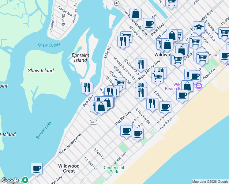 map of restaurants, bars, coffee shops, grocery stores, and more near 126 West Heather Road in Wildwood Crest