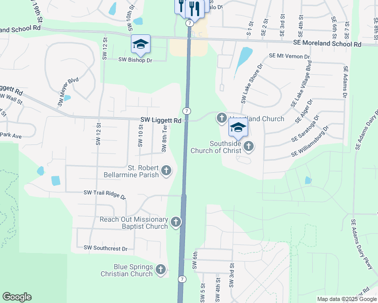 map of restaurants, bars, coffee shops, grocery stores, and more near 4055 Missouri 7 in Blue Springs