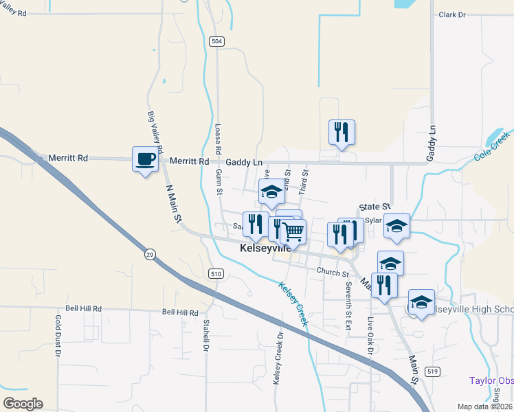 map of restaurants, bars, coffee shops, grocery stores, and more near 5140 Park Avenue in Kelseyville