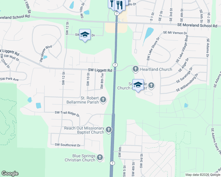 map of restaurants, bars, coffee shops, grocery stores, and more near 4055 Missouri 7 in Blue Springs