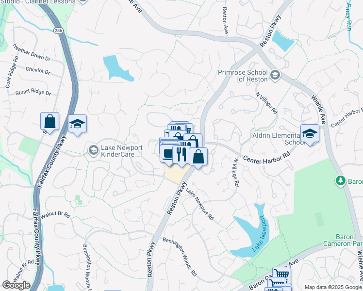 map of restaurants, bars, coffee shops, grocery stores, and more near 1428 North Point Village Center in Reston