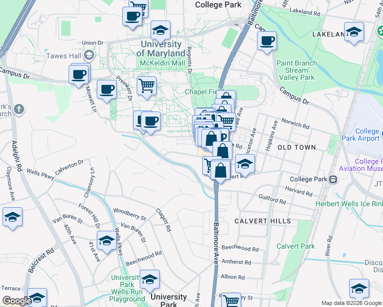 map of restaurants, bars, coffee shops, grocery stores, and more near in College Park