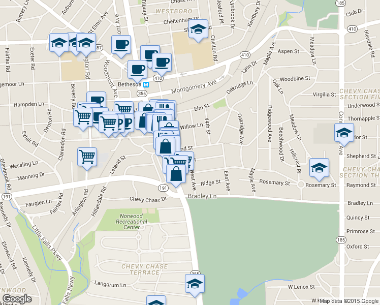 map of restaurants, bars, coffee shops, grocery stores, and more near in Bethesda