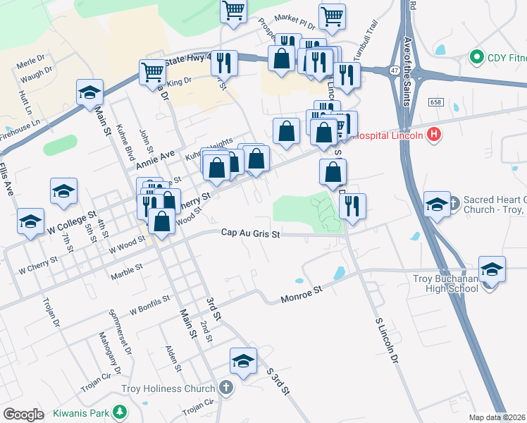 map of restaurants, bars, coffee shops, grocery stores, and more near 17 Melody Lane in Troy