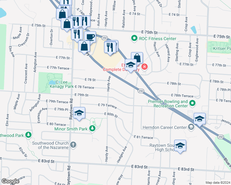 map of restaurants, bars, coffee shops, grocery stores, and more near 10411 East 78 Terrace in Raytown