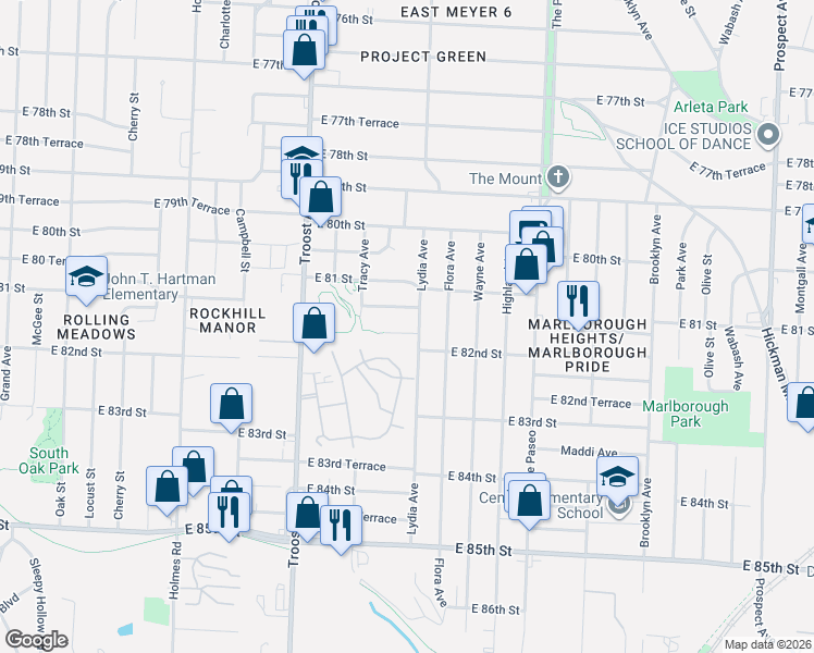 map of restaurants, bars, coffee shops, grocery stores, and more near 1337 East 81st Terrace in Kansas City