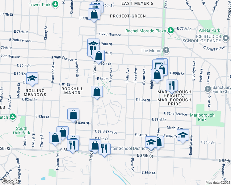 map of restaurants, bars, coffee shops, grocery stores, and more near 1303 East 81st Terrace in Kansas City