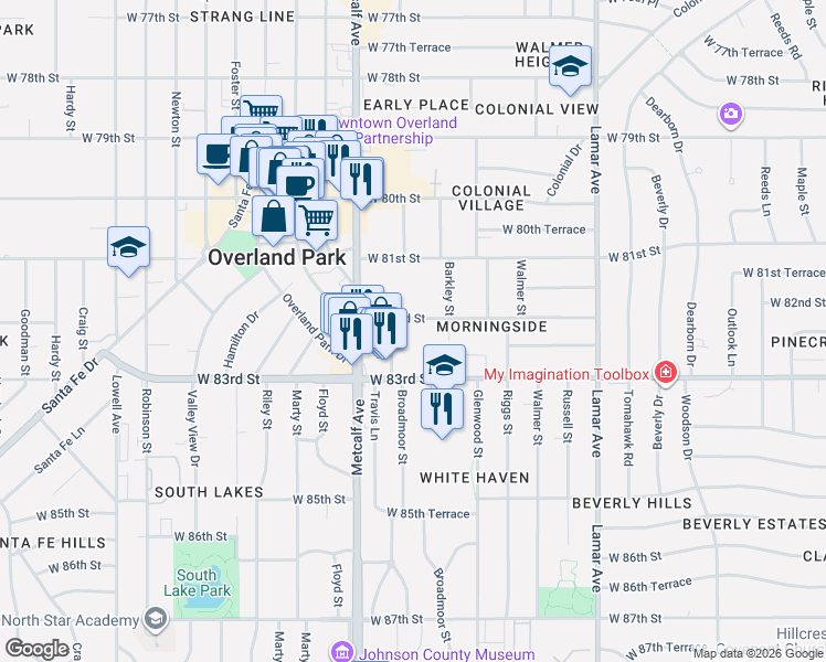 map of restaurants, bars, coffee shops, grocery stores, and more near 6820 West 82nd Street in Overland Park