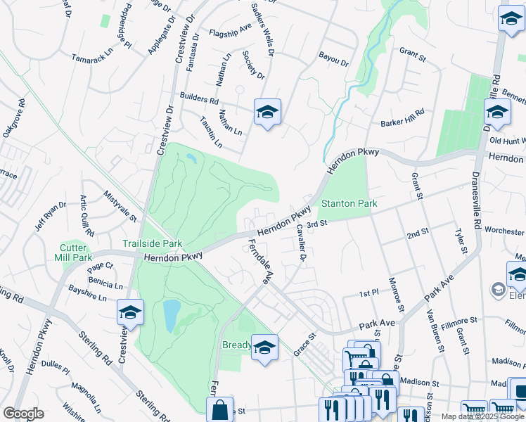 map of restaurants, bars, coffee shops, grocery stores, and more near 1106 Whitworth Court in Herndon