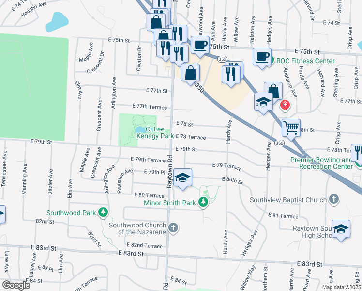 map of restaurants, bars, coffee shops, grocery stores, and more near 10009 East 78 Terrace in Raytown