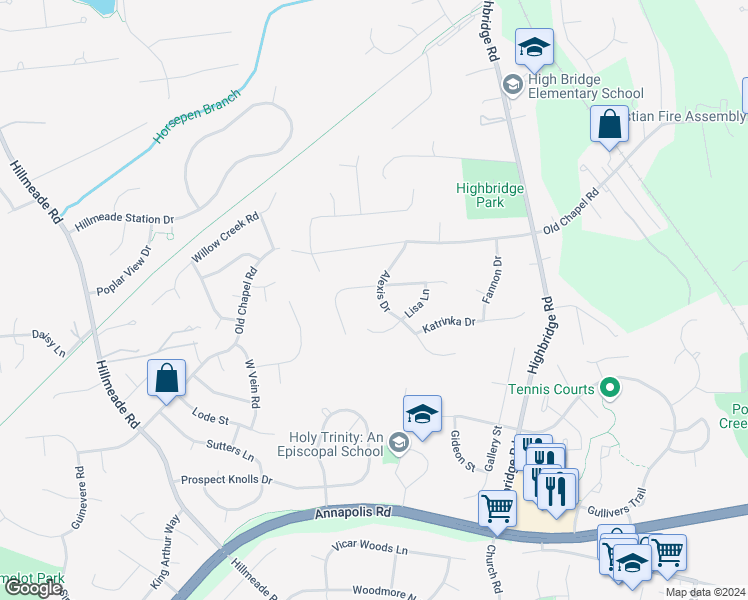 map of restaurants, bars, coffee shops, grocery stores, and more near 6608 Alexis Drive in Bowie