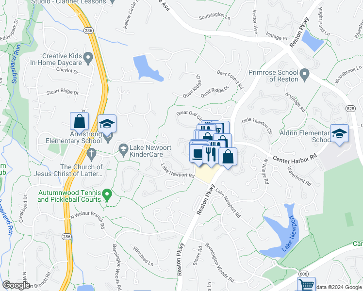map of restaurants, bars, coffee shops, grocery stores, and more near 1516 North Point Drive in Reston